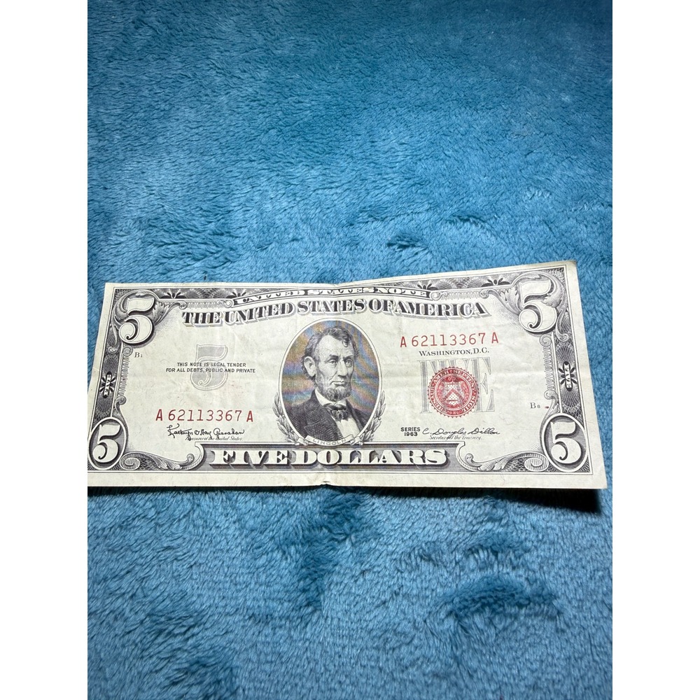 1963 $5 Red Seal Five Abraham Lincoln Series 1963 border not‎ centered